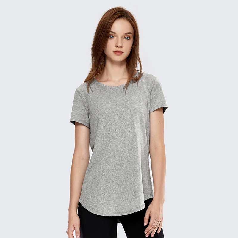 Heathered Grey11 SYROKAN женские тренировки для фитнеса, с круглым вырезом короткий рукав тройник - Цвет: Heathered Grey11
