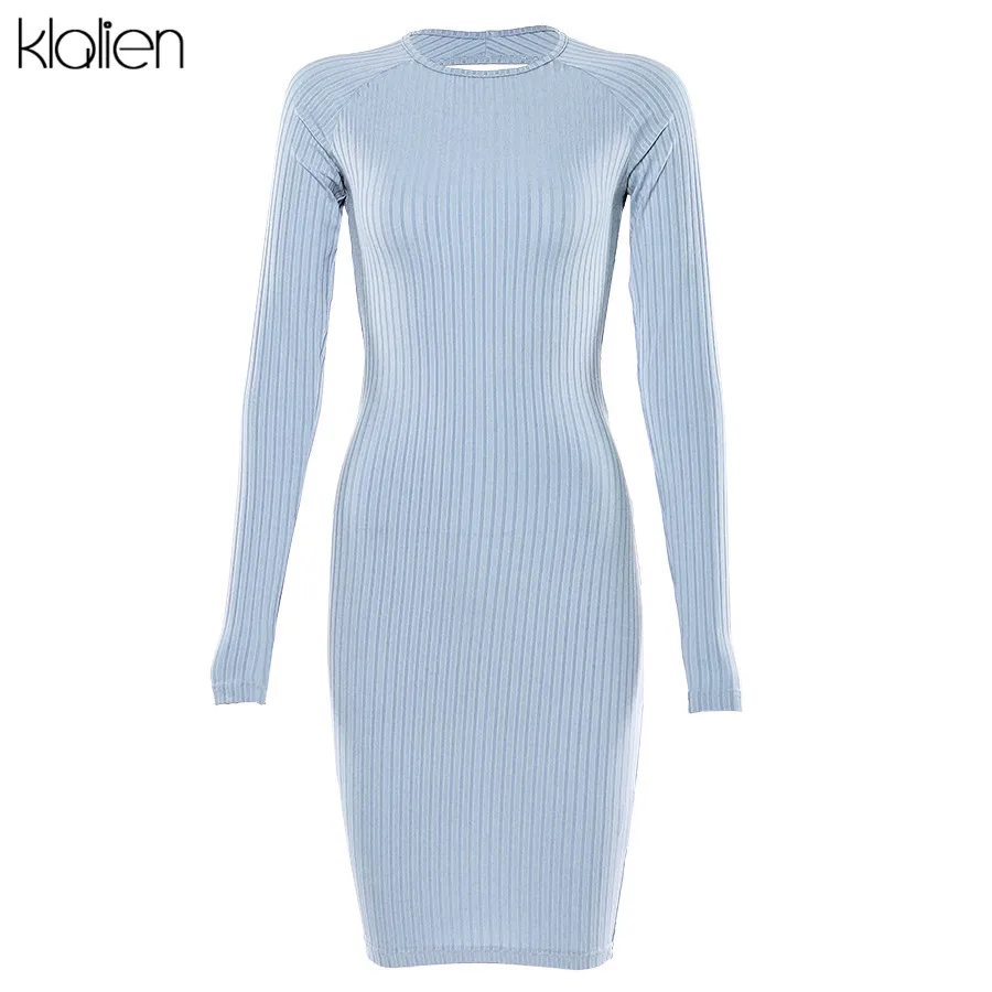 KLALIEN вязание с длинным рукавом bodycon спинки тонкий миди платья женские осень зима вечерние элегантное платье для клуба mujer 2 способа носить