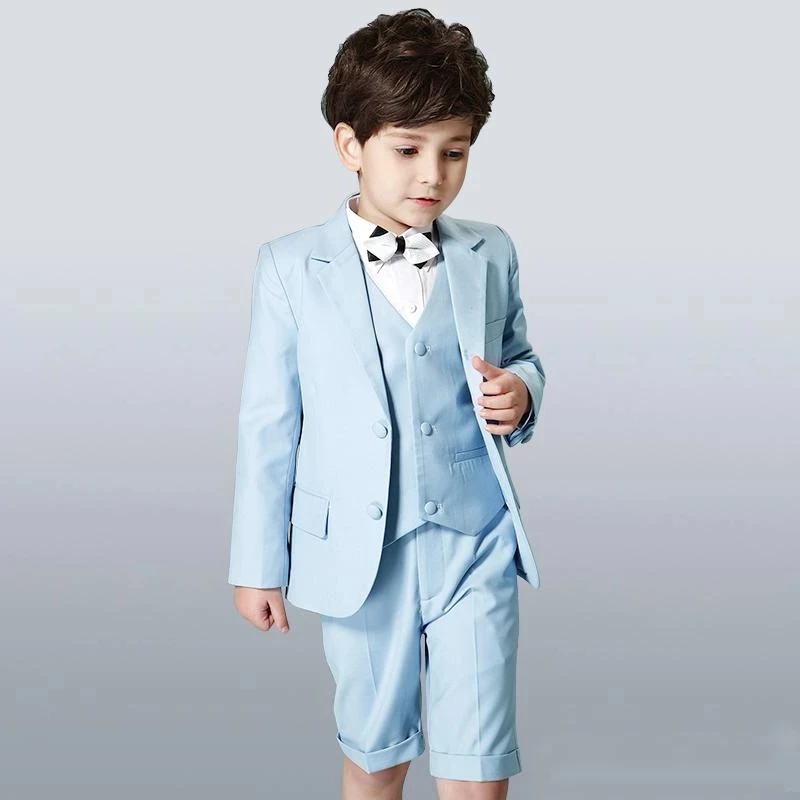 New Short Design Light Blue Kids Children Wedding Blazer Formal Suit Boy Birthday Party Business Suit 3 Pcs Jacket Pant Vest