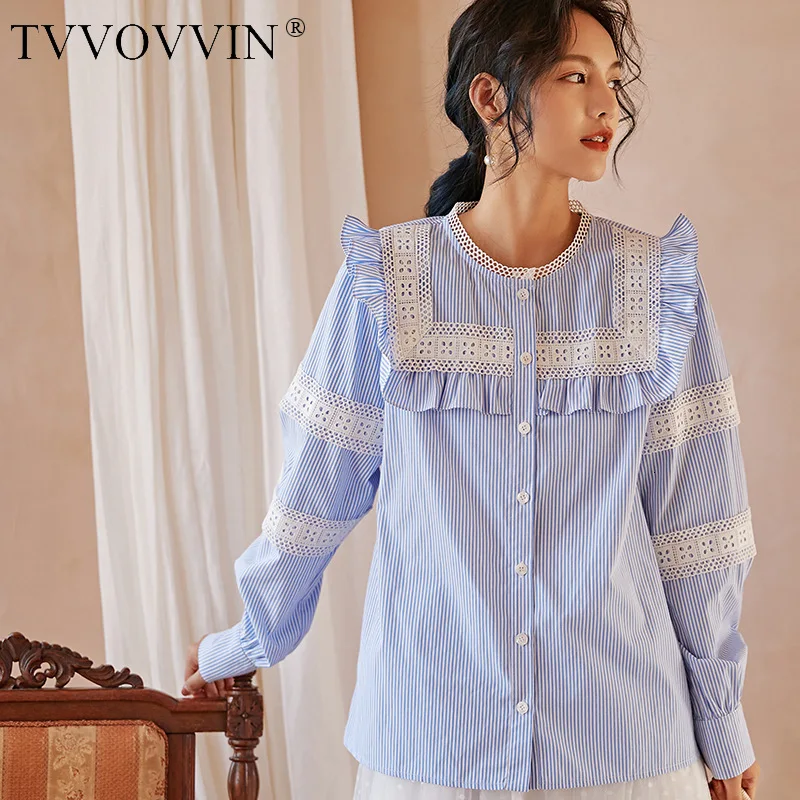 TVVOVVIN Round Neck Long Sleeve Striped Stitching Lace Ruffled Woman Shirt Casual Wild Sweet Fashion Autumn Blouse New D356