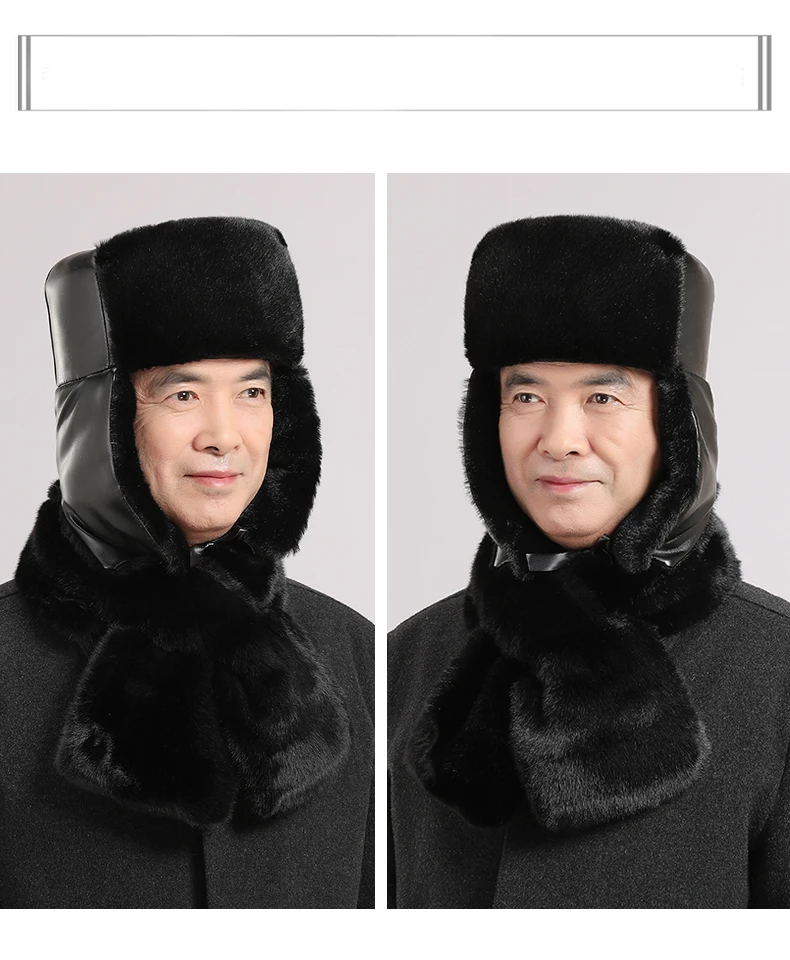 Middle aged elderly bomber hats men's winter old man grandpa thicken warm causal windproof cotton Lei Feng hat black plus size navy blue bomber hat