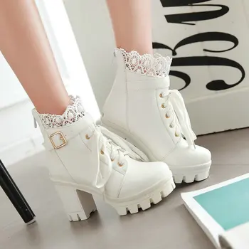 

Fashion boots women's Platform Thick High Heel Lace Up Ankle Boots Platform Square heel Lace Student warm Snow Boots Plus Size88