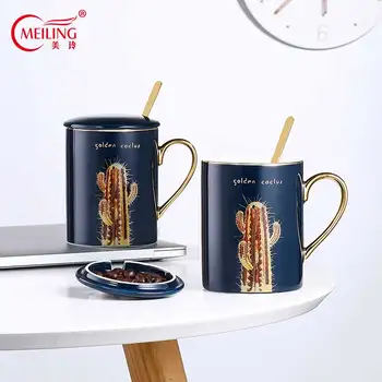 

Nordic Gold Cactus Blue Mug With Spoon Lid Ceramic Travel Coffee Cup Creative Birthday Gift For Men Father Boyfriend Home Decor