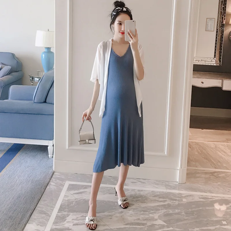 

Maternity Clothes Summer Skirt 2019 New Style Korean-style Fashion Viscose Knitted Mid-length Dress Rashguard Set