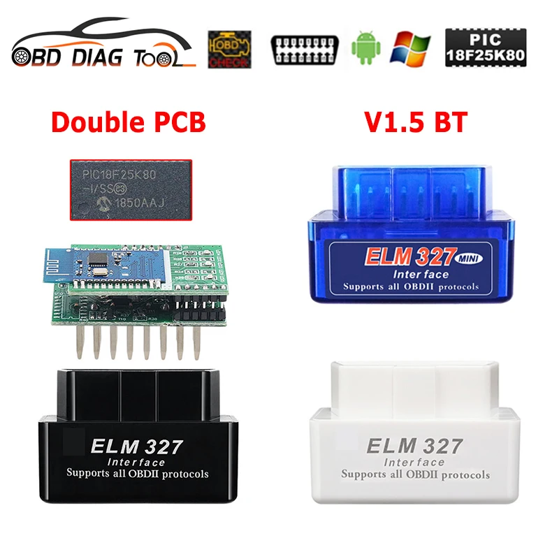 2021 лучший ELM327 Bluetooth V1.5 PIC18F25K80 чип 2PCB OBD2 сканер инструмент ELM 327 1 5 BT диагностический