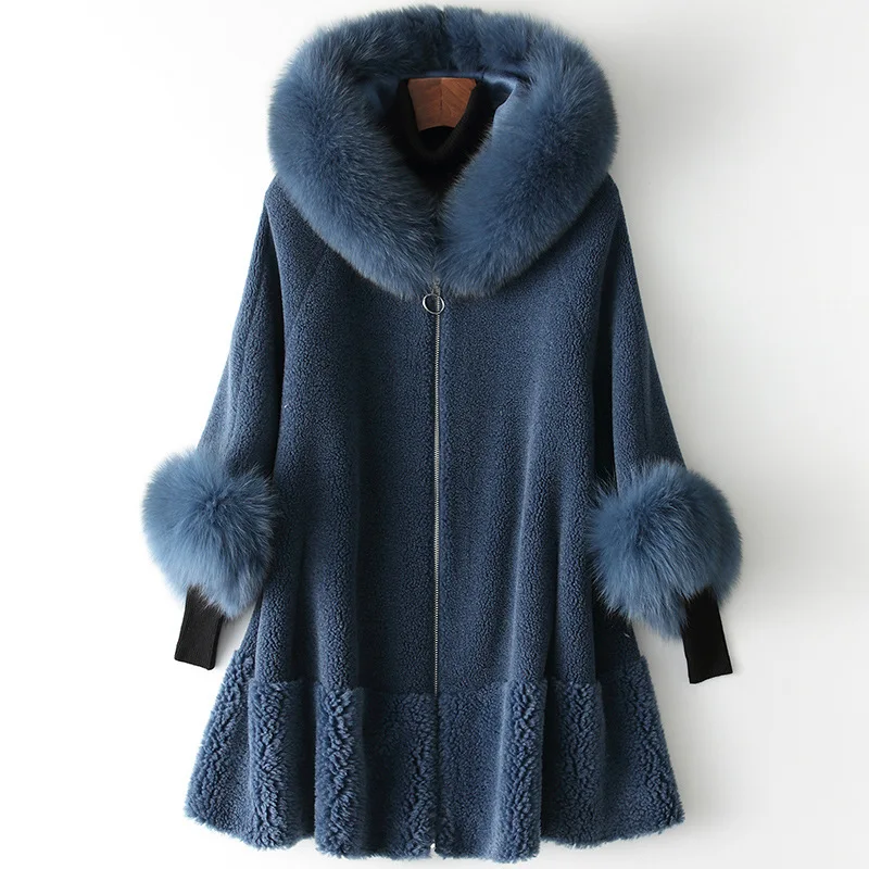 Стиль, осенне-зимнее меховое пальто для женщин, Дамское пальто с капюшоном и воротником из натурального Лисьего меха, теплые куртки S-XL