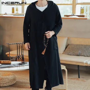 

INCERUN Chinese Style Men Trench Coats Hanfu Button Up Hooded Cotton Long Outerwear Pockets Vintage Long Sleeve Jackets Men 2020