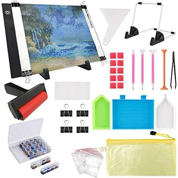 

133PCS 5D Diamond Painting Tools A4 LED Light Pad Kit,DIY Dimmable Light Brightness Board Roller and Embroidery Box