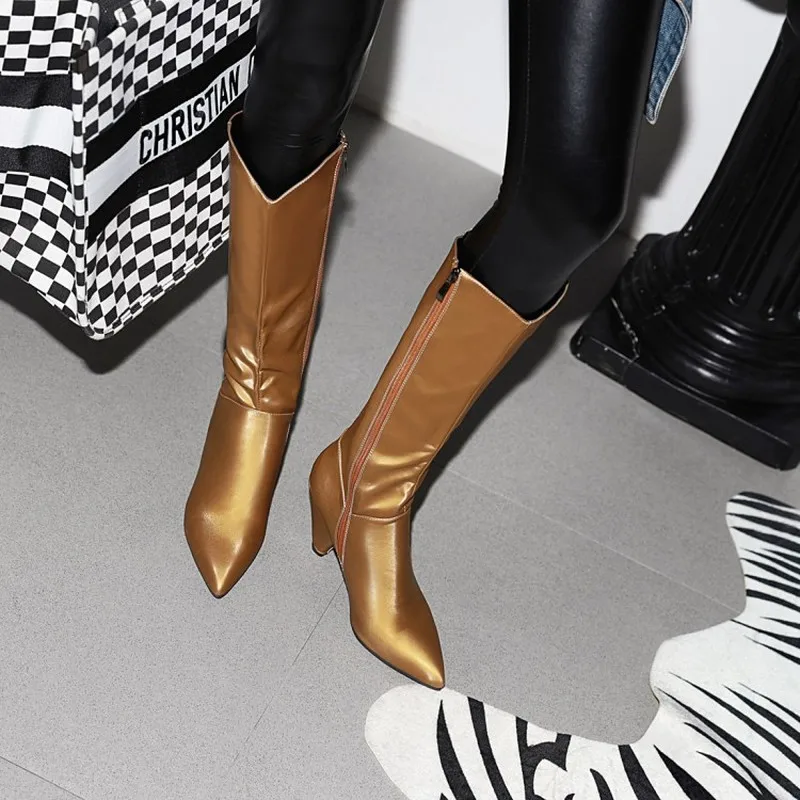 Женские ботинки до середины икры; chaussure boots; роскошные ботинки-гладиаторы из искусственной кожи на высоком каблуке с острым носком; женская обувь; zapatos mujer sapato; H824