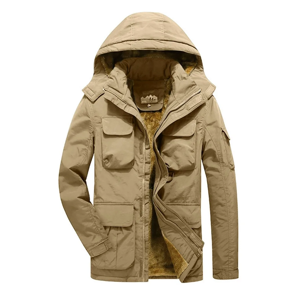 Khaki B Мужская одежда с подкладкой, брендовая одежда, теплая Повседневная Толстая однотонная хлопковая парка с карманами и капюшоном, длинные пальто, мужская одежда - Цвет: Khaki B