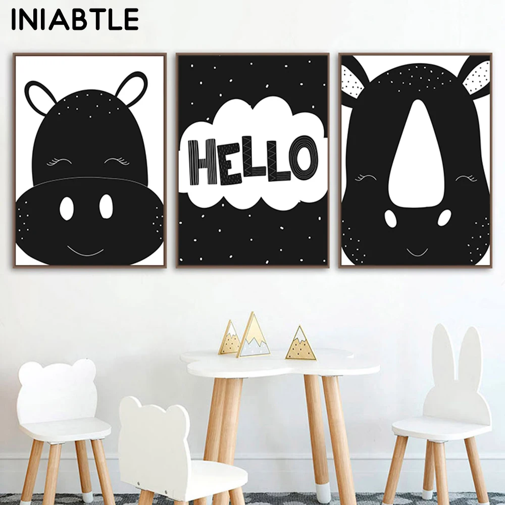 

Baby Nursery Wall Art Canvas Posters Prints Hippo Rhino Painting Hello Black And White Picture Nordic Kids Children Room Decor