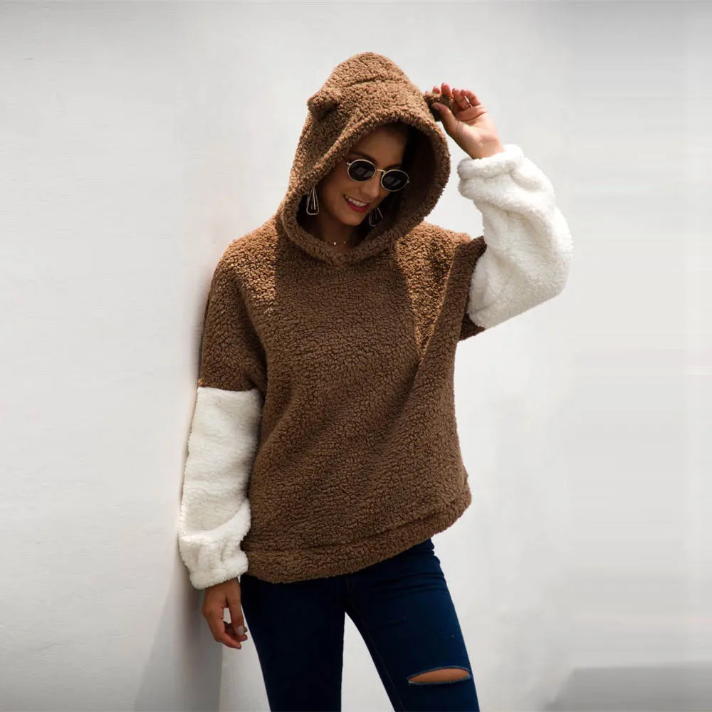 

Women Winter Sherpa Fluffy Sweater Hooded Cartoon Teddy Fleece Pullover Korean Kawaii Female Warm Sweaters