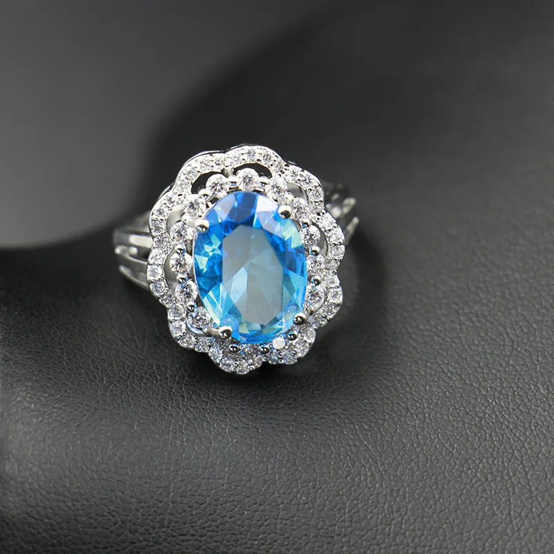 Bague Ringen в форме цветка серебро 925 Ювелирные наборы для свадьбы кольцо с камнями серьги ожерелье Овальный Аквамарин украшения подарок