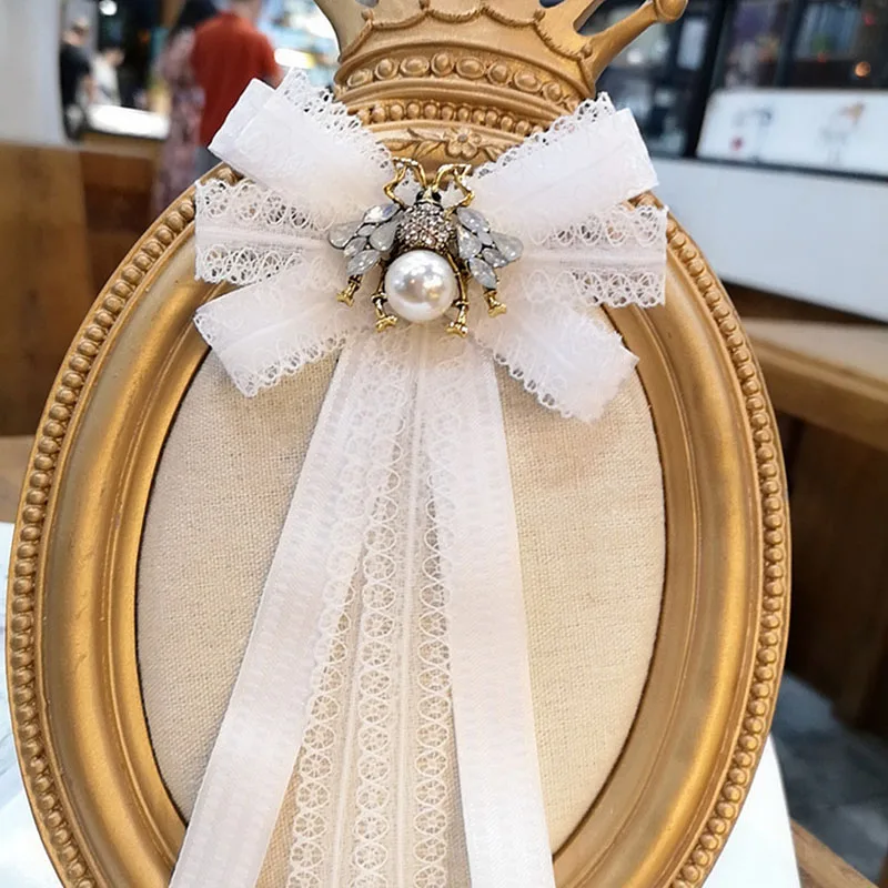 White French style Women bowtie white lace Butterfly Cute honeybee decor Bow Tie fashion Female bowknot Girl Neck tie Shirt Accessorie - Color: White