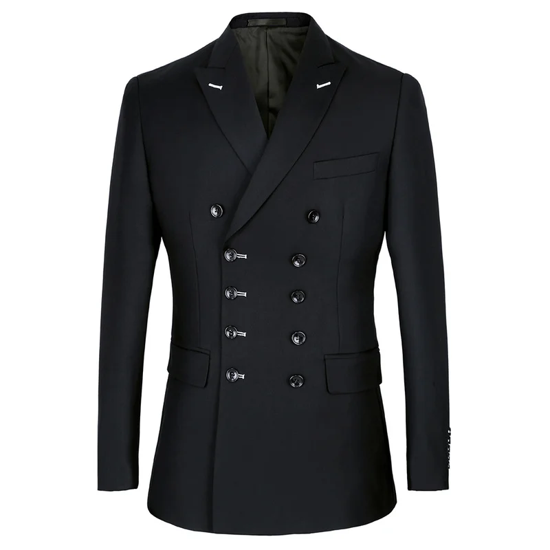 Shenrun Men Suits Slim Fit New Fashion Suit Double Breasted Peak Lapel Navy Blue Black Wedding Groom Party Prom Skinny Costume
