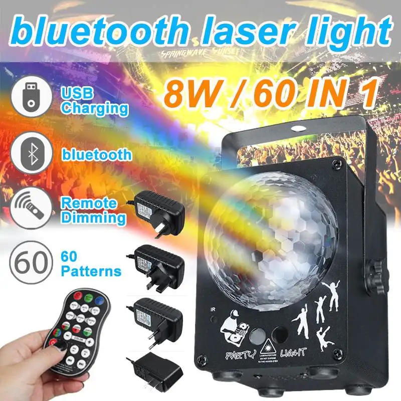 60 в 1 bluetooth светодиодный диско-светильник s DJ диско-шар звуковой активированный лазерный проектор Эффект лампы музыка Рождественская вечеринка