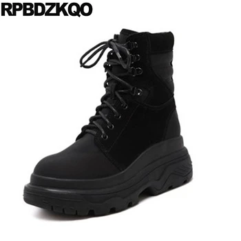 

wedge muffin front lace up casual ankle boots autumn ladies women high heel black shoes flatform elevator round toe platform