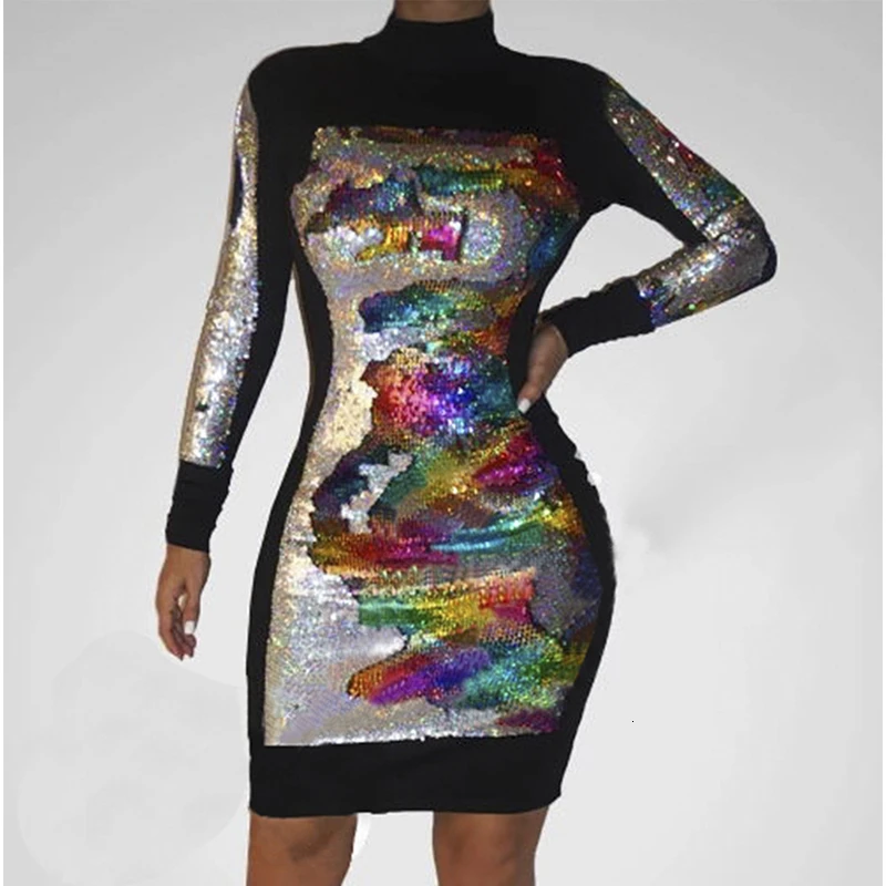 Discoloration Сексуальное женское облегающее черное платье vestidos, платья для вечеринок, Украинская одежда sukienki, кружевное платье с блестками и длинным рукавом - Цвет: Discoloration