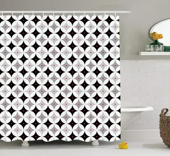 

Mid Century Retro Styled Atomic Composition Vintage Diamond Line Pattern Cloth Pale Grey Black Red Shower Curtain Bathroom Sets