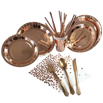 

67PCS High-End Rose Gold Paper Tray, Paper Towel Party Decoration Supplies Set Birthday Party