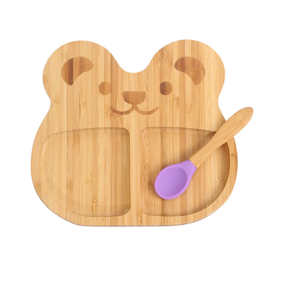 Миска на присоске из бамбука и силикона, детская Тарелка на присоске, деревянная посуда для кормления животных, детская миска, миска для кормления ребенка - Цвет: Bearpurple