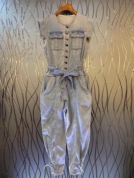 

2020 Spring and Summer New Women's round Neck Buckle Decorative Lace-up Waist Hugging Sleeveless Denim Jumpsuit 701