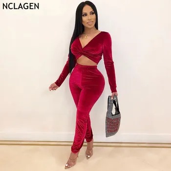 

NCLAGEN 2019 Autumn Winter Long Sleeve Plunge Tie V Neck Cropped Tops T Shirt Skinny Casual Pants Women 2 PCs Velour Set