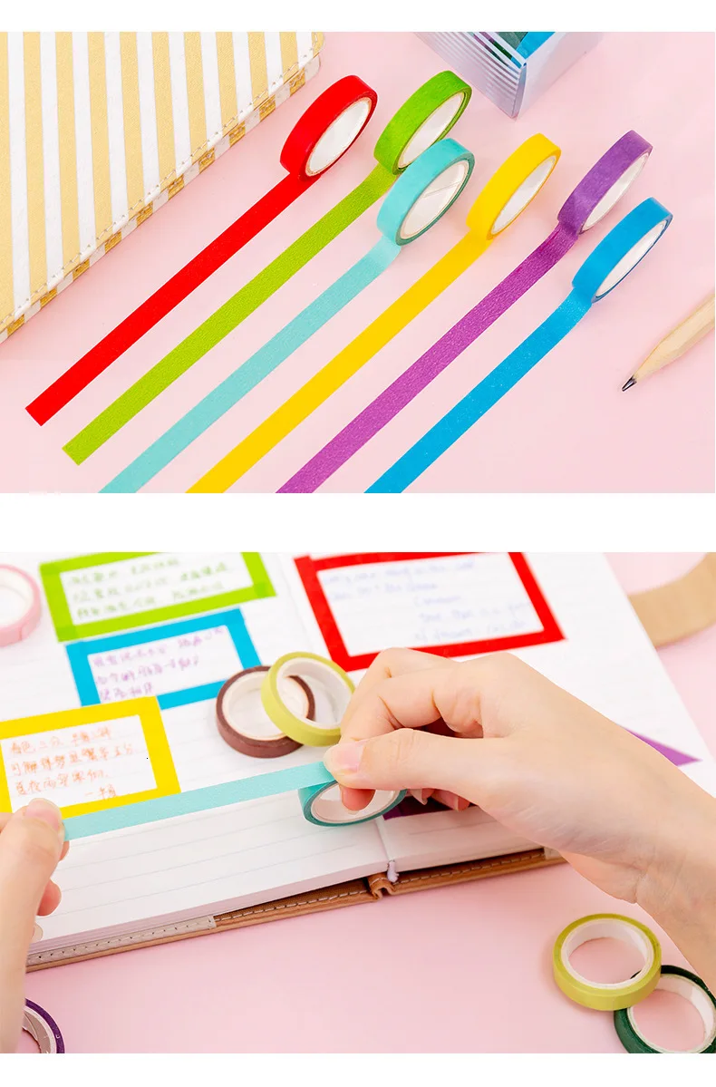 Candy Rainbow Color Washi Masking Tape Sticky Decorative Paper Tape Set DIY Decoration Office Stationery Scrapbook 10PCS/Bag
