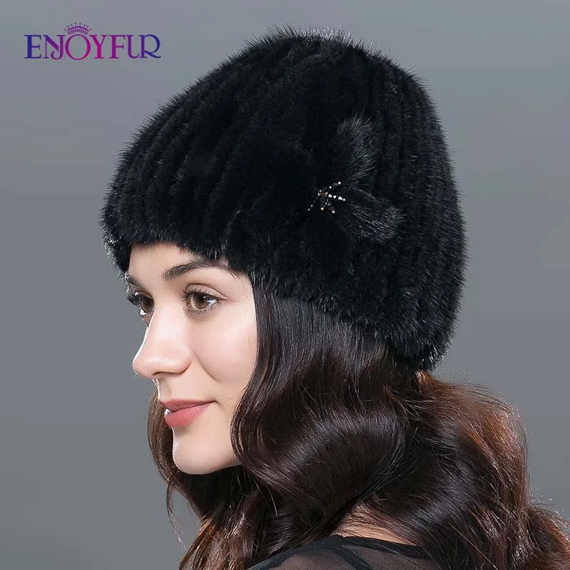 ENJOYFUR, женские зимние меховые шапки, меховая шапка из натуральной норки, толстая, теплая, модная, вязанная меховая шапка, женские шапки хорошего качества