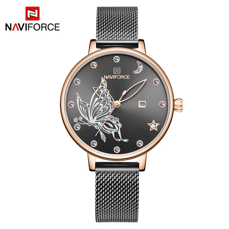 S-Rose Gold Black NAVIFORCE женские кварцевые часы с ремешком из нержавеющей стали, водонепроницаемые женские часы, женские тонкие вечерние часы, женские часы - Цвет: S-Rose Gold Black