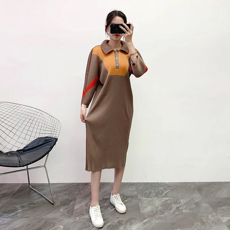 khaki LANMREM,, отворот, цветной блок, платье, зима, новое, покрытие, мясо, было тонкое, большой размер, женское темпераментное, свободное нижнее платье 19B-a257 - Цвет: khaki