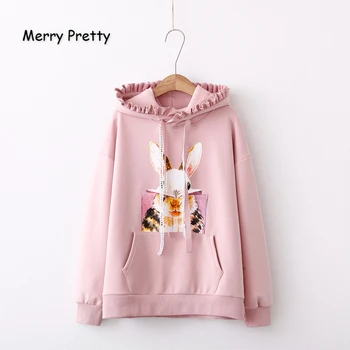 

Merry Pretty Women Cartoon Rabbit Print Ruffles Hooded Sweatshirts 2019 Winter Long Sleeve Pockets Pullovers Sweet Tracksuits