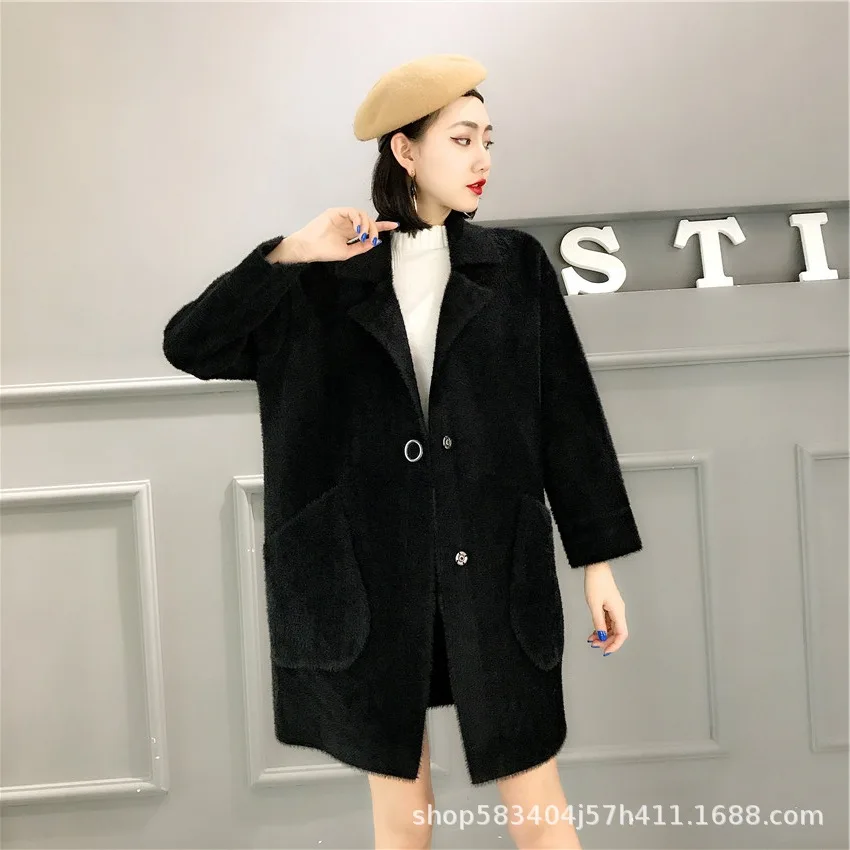 ^Cheap 2018 Autumn And Winter New Products Versitile Fashion Korean-style Three Mink-like Knitted Cardigan WOMEN'S Dress Loose-Fit Long