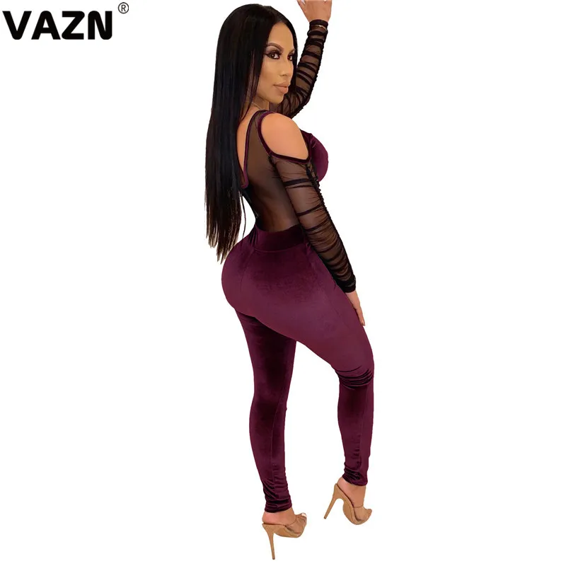 VAZN LDS3188 Новые лоскутные замшевые кружевные Необычные Сексуальные Клубные Модные женские эластичные комбинезоны с завышенной талией с длинным рукавом и открытыми плечами