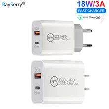 BaySerry USB зарядное устройство 18 Вт ЕС США штекер USB PD+ QC 3,0 быстрое зарядное устройство два порта питания адаптер питания переменного тока для путешествий для iPhone/планшета