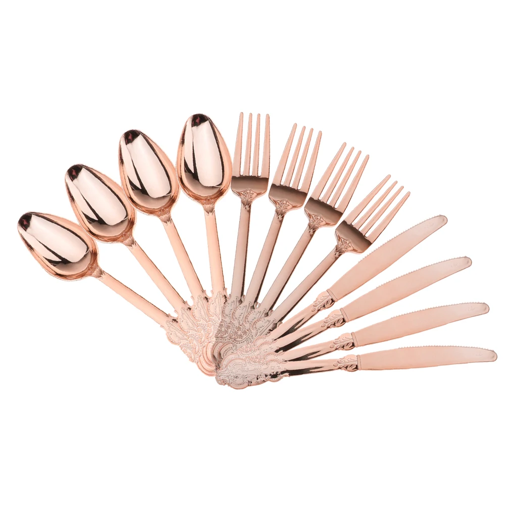 12pcs Disposable Cutlery Plastic Forks Spoons Knifes Party Decor Rose Gold