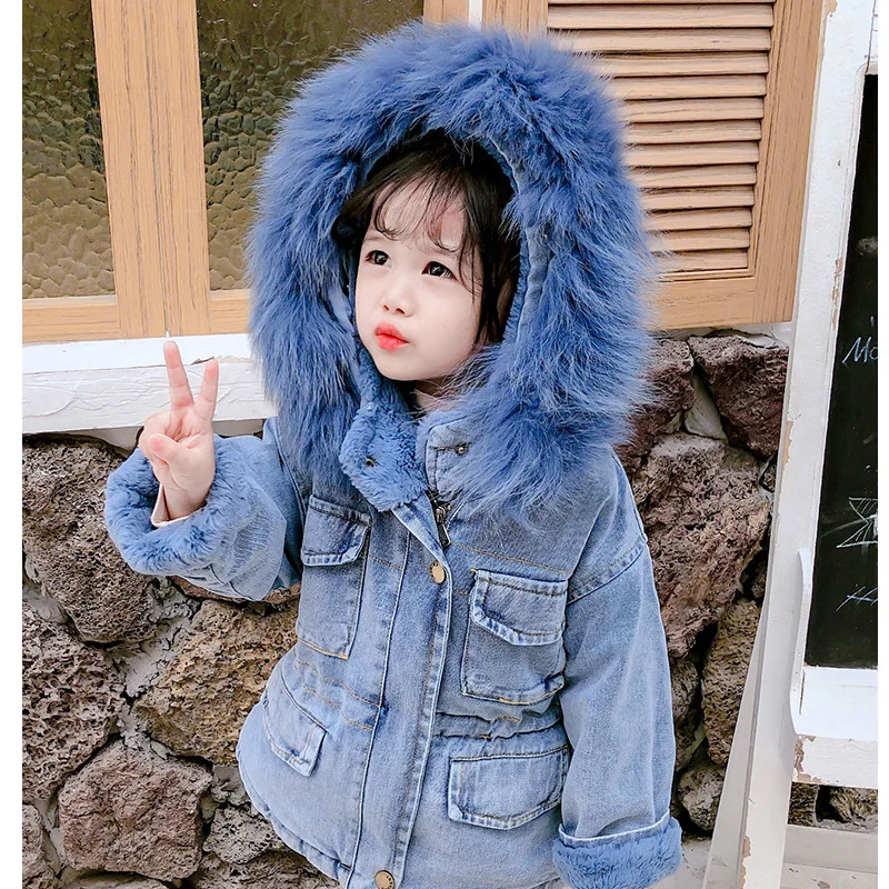 Pudcoco/брендовая осенне-зимняя одежда для маленьких девочек; джинсовые пальто; теплые куртки из искусственного меха в стиле пэчворк с капюшоном и длинными рукавами; bebe; одежда - Цвет: Синий