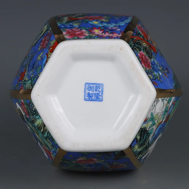 Qianlong Enamel Color Vase Blue Flower And Bird Pattern Hexagonal Vase Jingdezhen Antique Porcelain Ornaments 5
