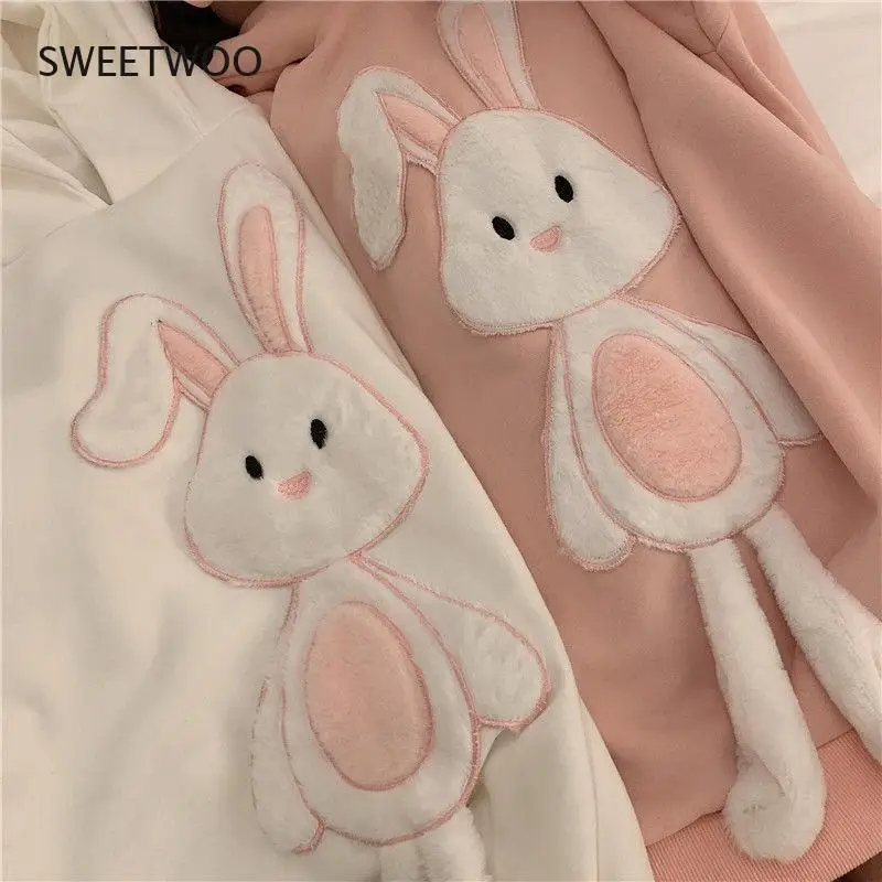 Bunny Hoodie Women Kawaii Pink Korean Rabbit Sweatshirt 2021 Embroidery Pullover Loose Long Sleeve  Cute Tops