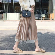 Женская длинная миди плиссированная юбка в горошек, бархатные юбки с высокой талией, Женская Макси-юбка в Корейском стиле, Офисная модная школьная юбка