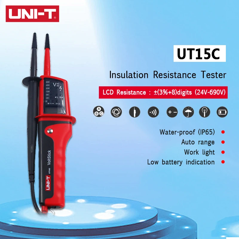 

UNI-T UT15C Waterproof Digital Voltage Meter 24V~690V AC/DC Voltage Testers LCD Display Auto Range Phase Rotation Voltage Tester