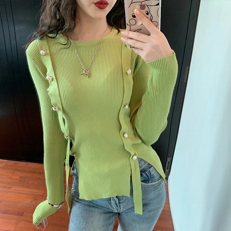 

Girls Full Sleeve Elegant Knitted Cropped Sweaters Pullovers Women's Double-Breasted Buttons Patchwork Ribbons Slim Sweater