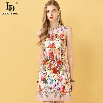 

LD LINDA DELLA 2020 Fashion Runway Summer Mini Dress Women Sleeveless Gorgeous Sequin Diamonds Floral Print Ladies Short Dress