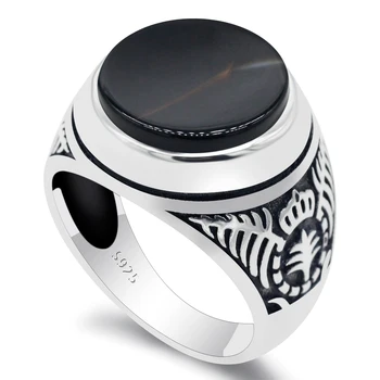 

Real 925 Sterling Silver Islamic Men Ring with Round Natural Black Onyx Stone Male Rings Muslim Religious Jewelry Turkish Ring