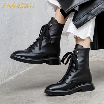 

Sarairis 2020 New Arrivals Genuine Cow Leather Top Quality Ankle Boots Woman Shoes Chunky Heels Shoelace Autumn Winter Boots