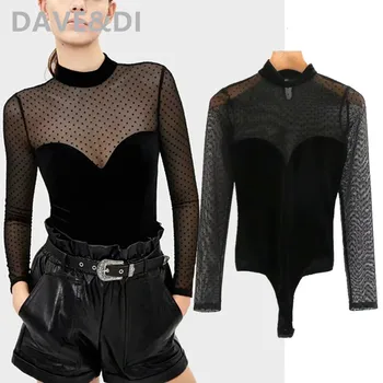 

Dave&Di 2020 bodysuits wonen england high street vintage sexy mesh and velvet splicing perspective skinny bodysuits women tops
