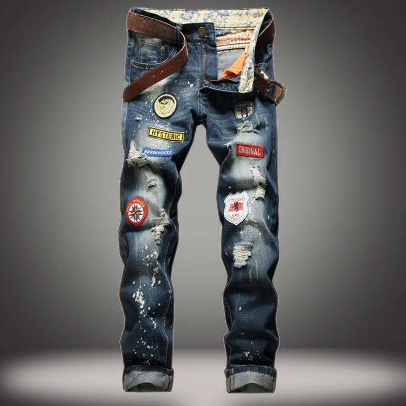 

Men's Pierced Jeans Badge Straight Barrel Slim Jeans Poured Ink Into Old Jeans Men's Fashion Jeans Trousers Casual Hip Hop Pants