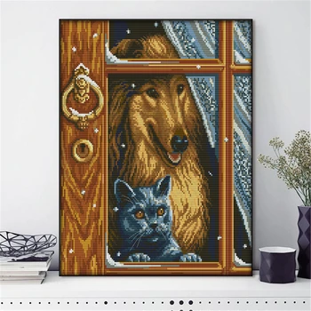 

HUACAN Embroidery Cross Stitch Dog Animal Needlework Sets For Full Kits White Canvas DIY Home Decor 14CT