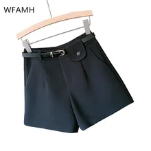 2021 verão nova moda retro cintura alta em linha reta terno shorts feminino casual outer wear 100 combinando cintos de poliéster bolsos