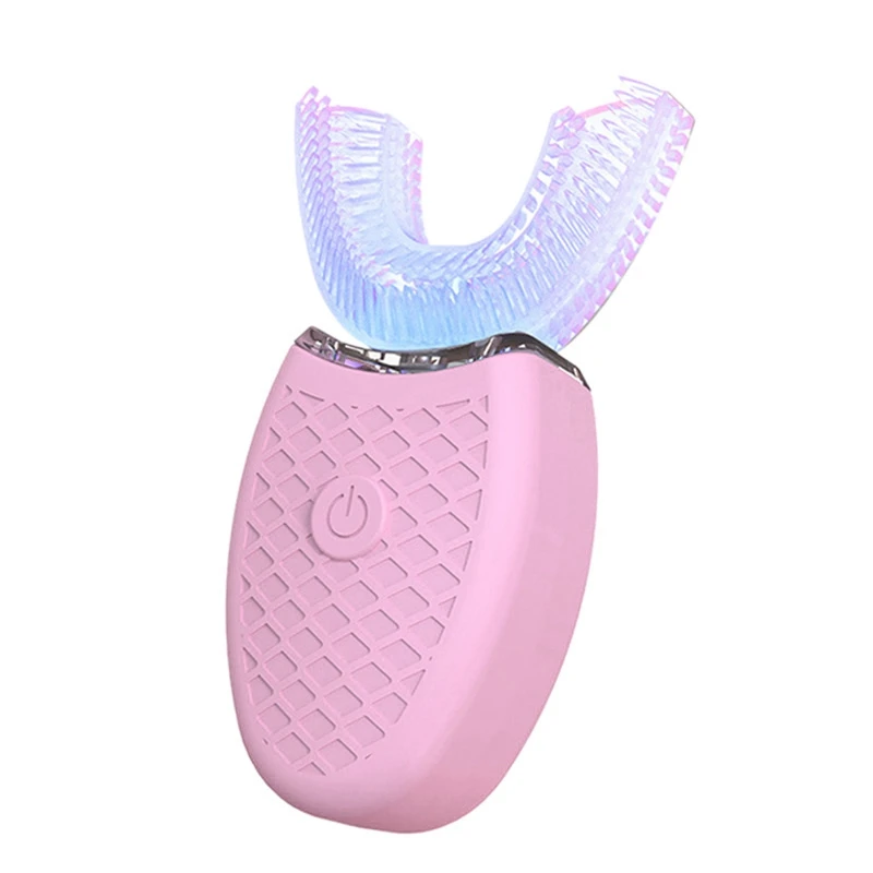 

360 Degrees U Type Automatic Electric Toothbrush High Frequency Ultrasonic Vibration Blue Light Whiten Teeth Silicone Brush Head